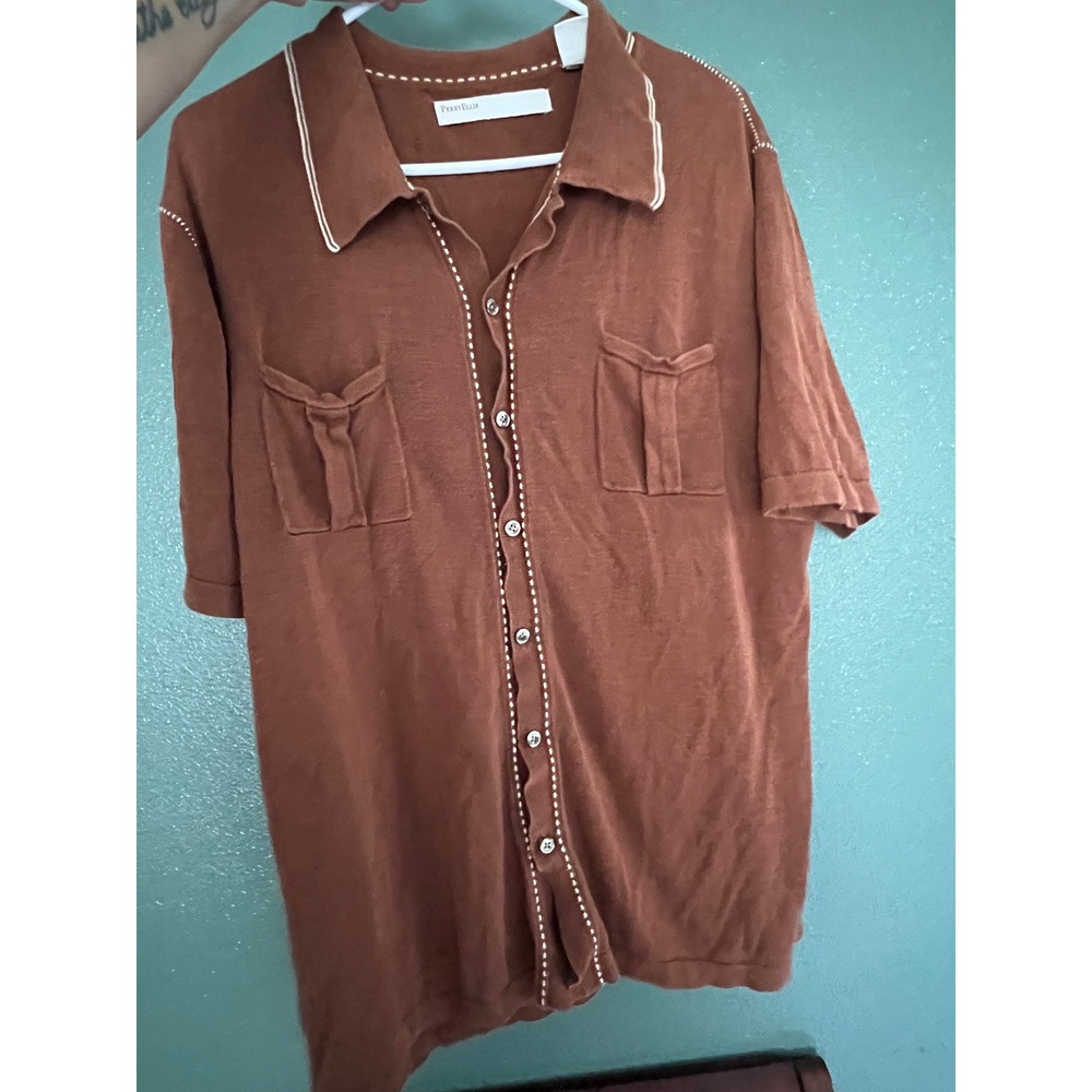 Perry Ellis Silk Cotton Knit Shirt Brown Rust Pick Stitch Button Down XL B11